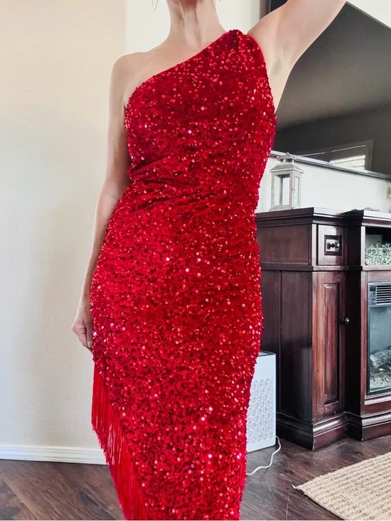 Red One-Shoulder Sequin Fringe Dress - Picture 1 of 2